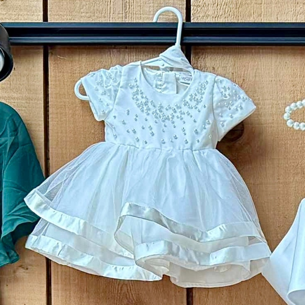 Elegant White Baby Dress with Pearl Details